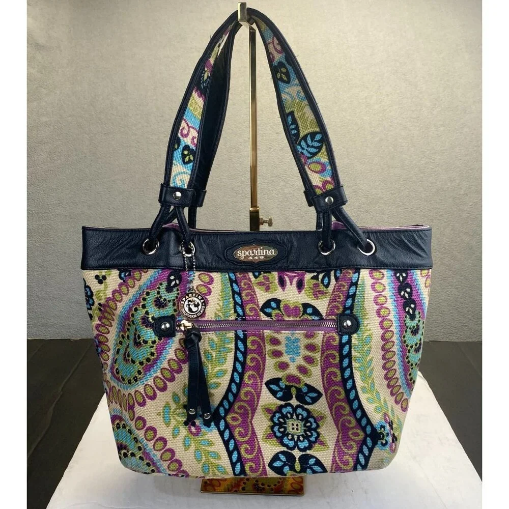 Spartina 449 Floral Multicolor Linen‎ Fabric with Black Leather Trim Tote Bag